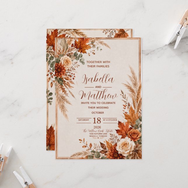 Personalized Elegant Autumn Wedding Invitation | R (Front/Back In Situ)