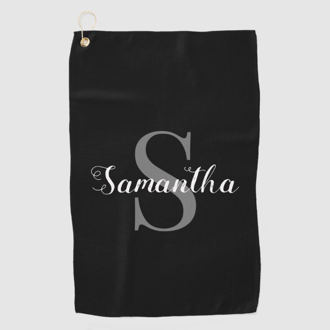 Personalized Elegant Black and White Monogram Name Golf Towel (Front)