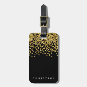 Personalized Elegant Black Faux Gold Confetti Luggage Tag