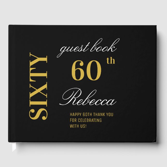 Personalized Elegant Black & Gold 60th Birthday  Guest Book (Front)