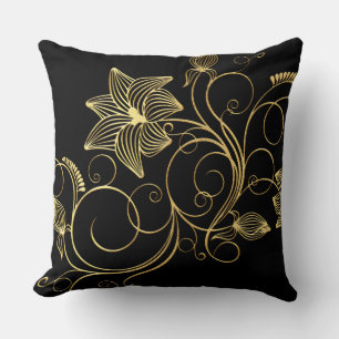 Personalized Elegant Black Gold Foil Floral Name Throw Pillow