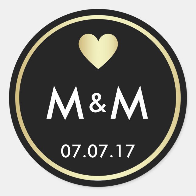 Personalized Elegant Black Gold & Heart Wedding Classic Round Sticker (Front)