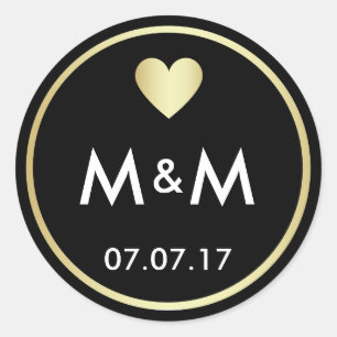 Personalized Elegant Black Gold & Heart Wedding Classic Round Sticker