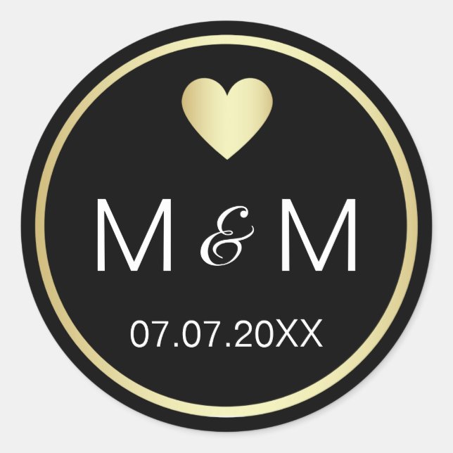 Personalized Elegant Black Gold & Heart Wedding Classic Round Sticker (Front)