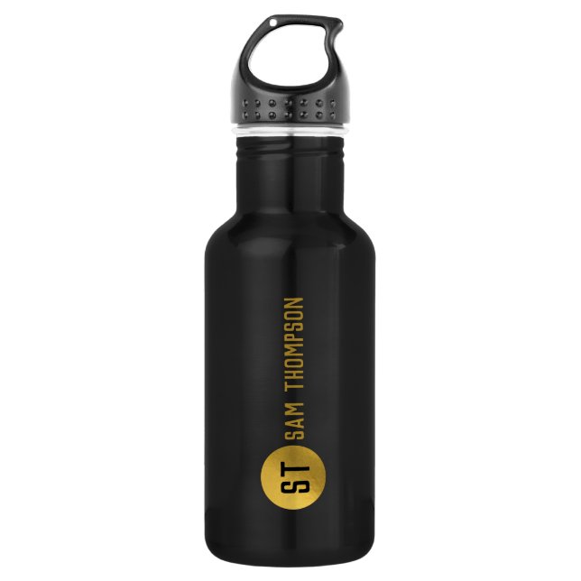 Personalized Elegant Black & Gold Modern Monogram 532 Ml Water Bottle (Front)