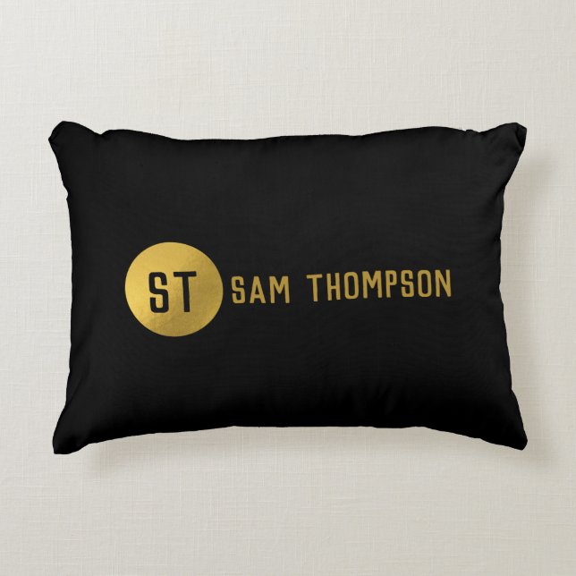 Personalized Elegant Black & Gold Modern Monogram Accent Pillow (Front)