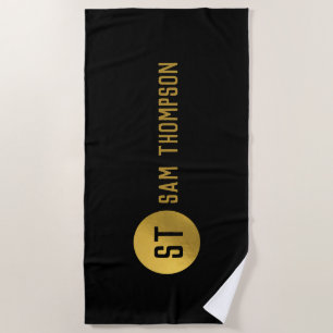 Personalized Elegant Black & Gold Modern Monogram Beach Towel