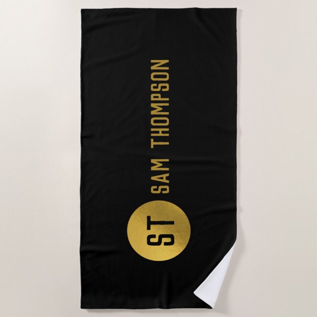 Personalized Elegant Black & Gold Modern Monogram Beach Towel (Front)