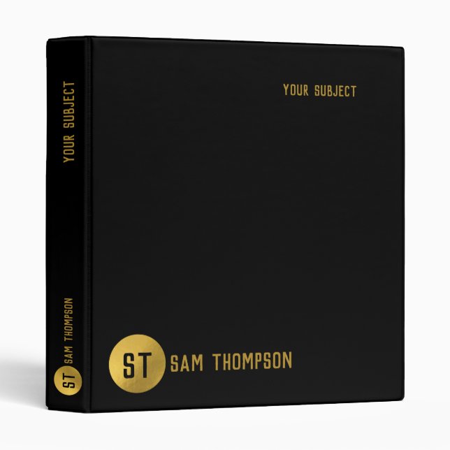 Personalized Elegant Black & Gold Modern Monogram Binder (Front/Spine)