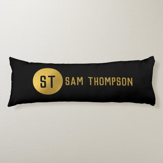 Personalized Elegant Black & Gold Modern Monogram Body Pillow (Front)