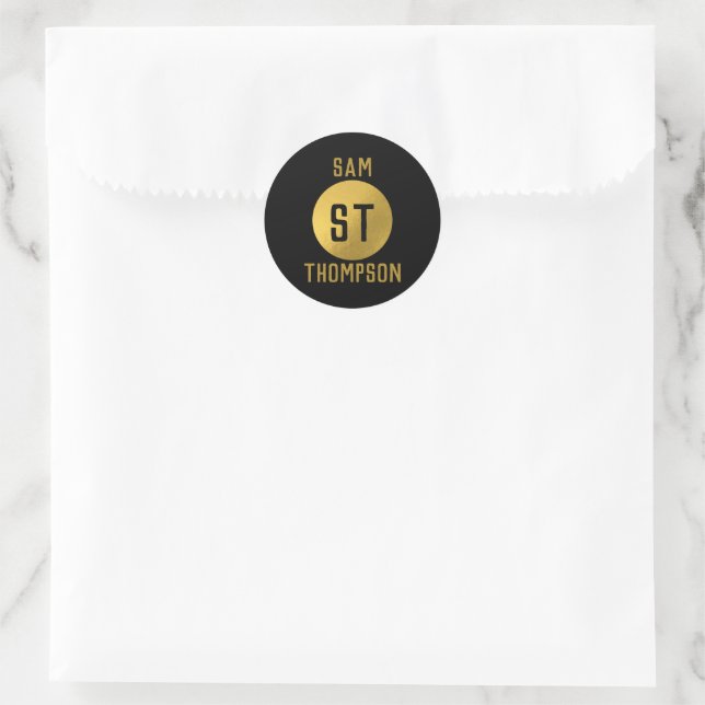 Personalized Elegant Black & Gold Modern Monogram Classic Round Sticker (Bag)