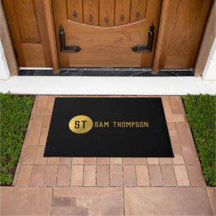 Personalized Elegant Black & Gold Modern Monogram Doormat