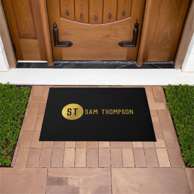 Personalized Elegant Black & Gold Modern Monogram Doormat (Outdoor)