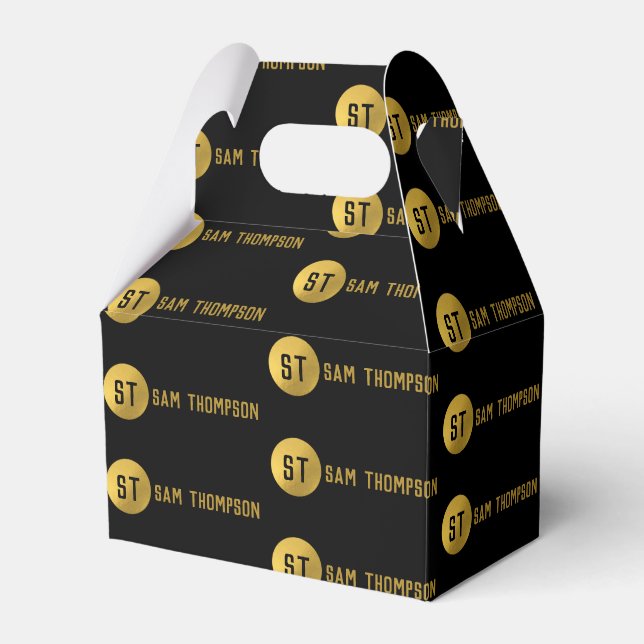 Personalized Elegant Black & Gold Modern Monogram Favor Box (Front Side)