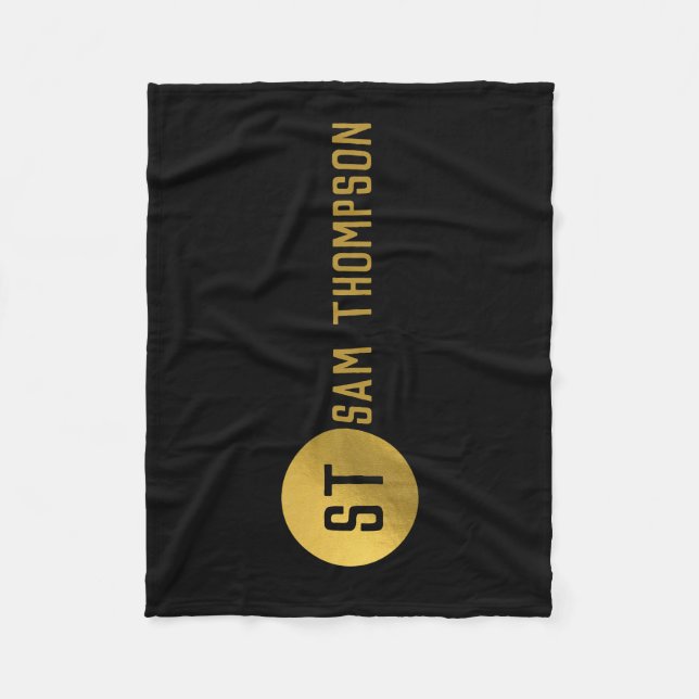 Personalized Elegant Black & Gold Modern Monogram Fleece Blanket (Front)