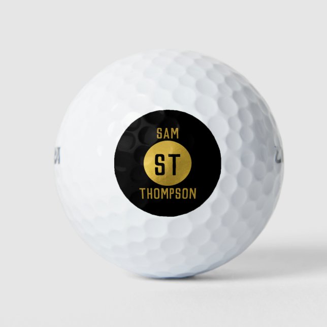 Personalized Elegant Black & Gold Modern Monogram Golf Balls (Front)