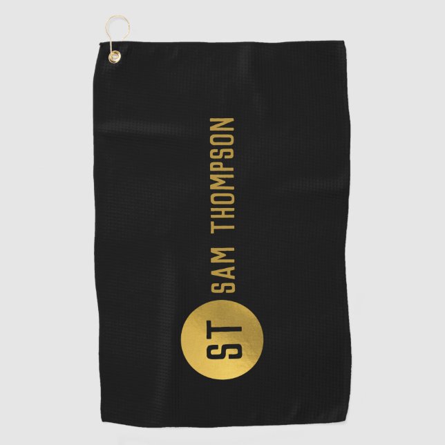 Personalized Elegant Black & Gold Modern Monogram Golf Towel (Front)