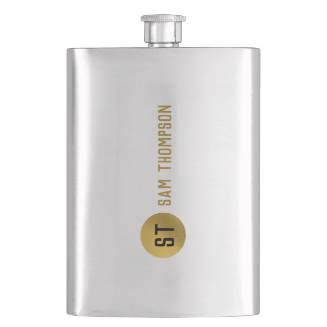 Personalized Elegant Black & Gold Modern Monogram Hip Flask (Front)