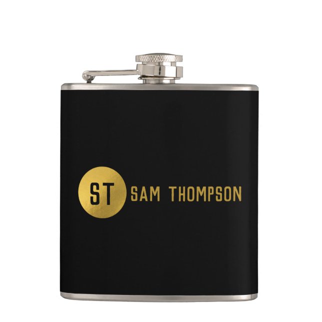 Personalized Elegant Black & Gold Modern Monogram Hip Flask (Front)