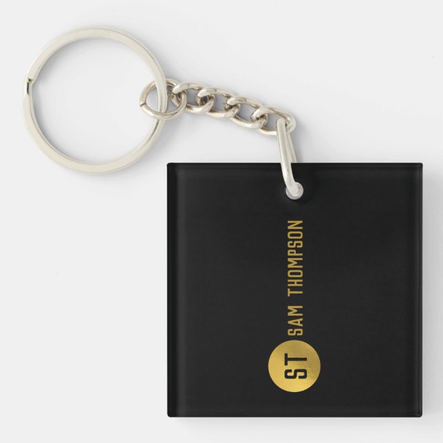 Personalized Elegant Black & Gold Modern Monogram Keychain (Front)