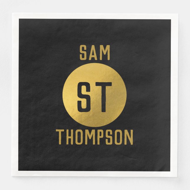 Personalized Elegant Black & Gold Modern Monogram Napkin (Front)