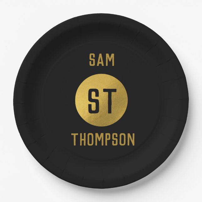 Personalized Elegant Black & Gold Modern Monogram Paper Plate (Front)