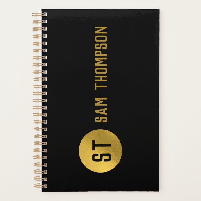 Personalized Elegant Black & Gold Modern Monogram Planner (Front)