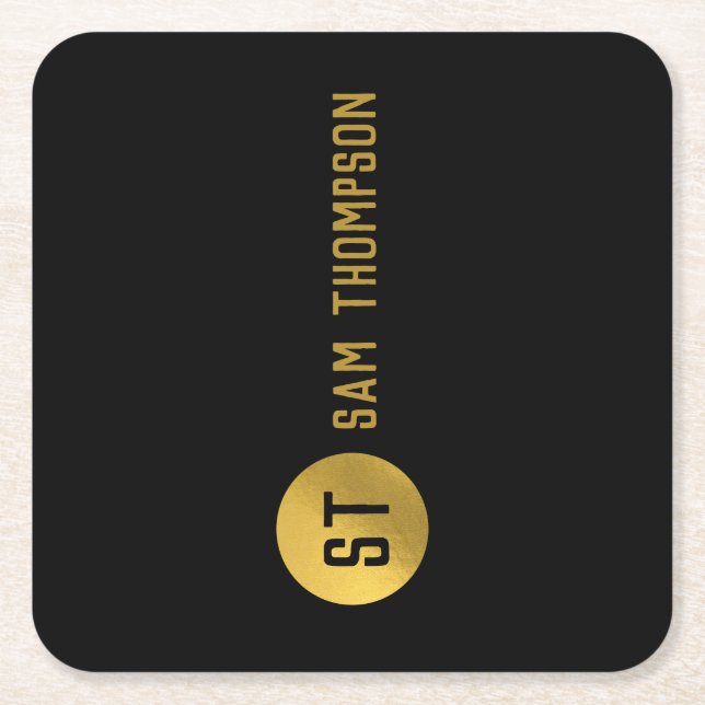 Personalized Elegant Black & Gold Modern Monogram Square Paper Coaster (Front)