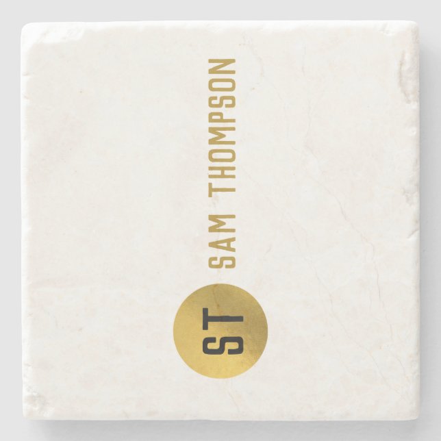 Personalized Elegant Black & Gold Modern Monogram Stone Coaster (Front)