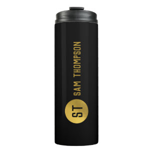Personalized Elegant Black & Gold Modern Monogram Thermal Tumbler