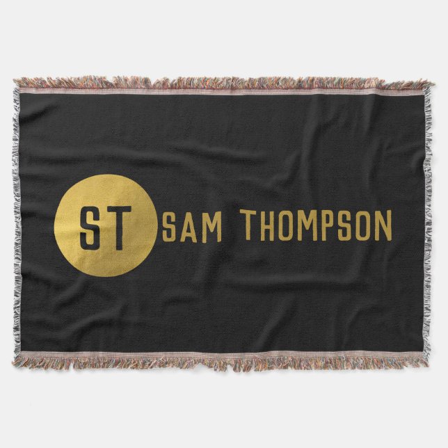 Personalized Elegant Black & Gold Modern Monogram  Throw Blanket (Front)