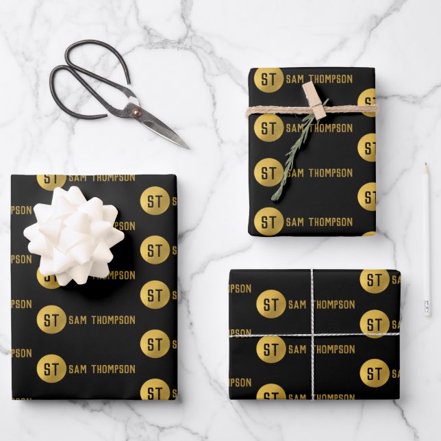 Personalized Elegant Black & Gold Modern Monogram Wrapping Paper Sheet (Front)