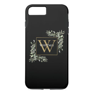 Personalized Elegant Black Gold Monogram Greenery Case-Mate iPhone Case
