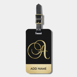 Personalized Elegant Black Gold Monogram Letter A Luggage Tag