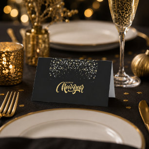 Personalized Elegant Black Gold New Year Place Card