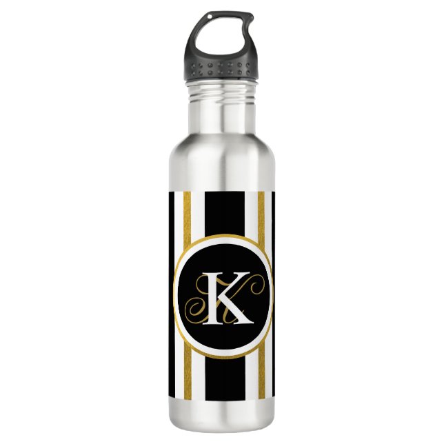 Personalized Elegant Black & Gold Stripes Monogram 710 Ml Water Bottle (Front)