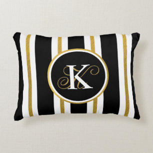 Personalized Elegant Black & Gold Stripes Monogram Accent Pillow
