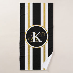 Personalized Elegant Black & Gold Stripes Monogram Bath Towel