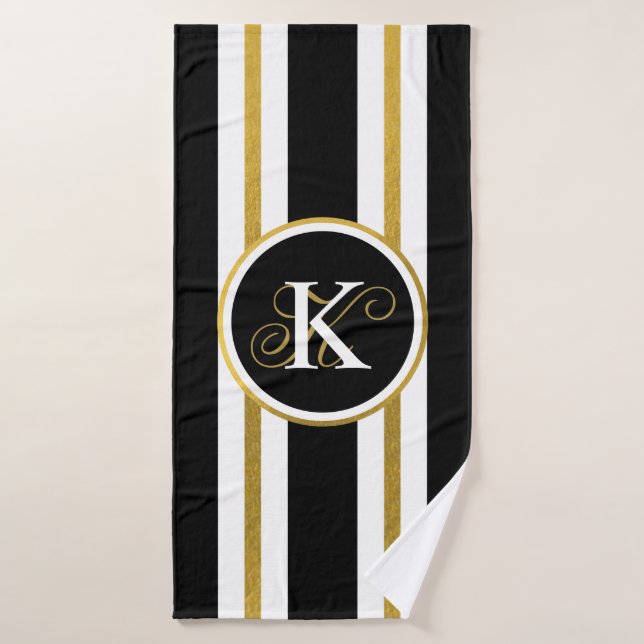 Personalized Elegant Black & Gold Stripes Monogram Bath Towel (Bath Towel)
