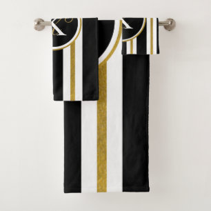 Personalized Elegant Black & Gold Stripes Monogram Bath Towel Set
