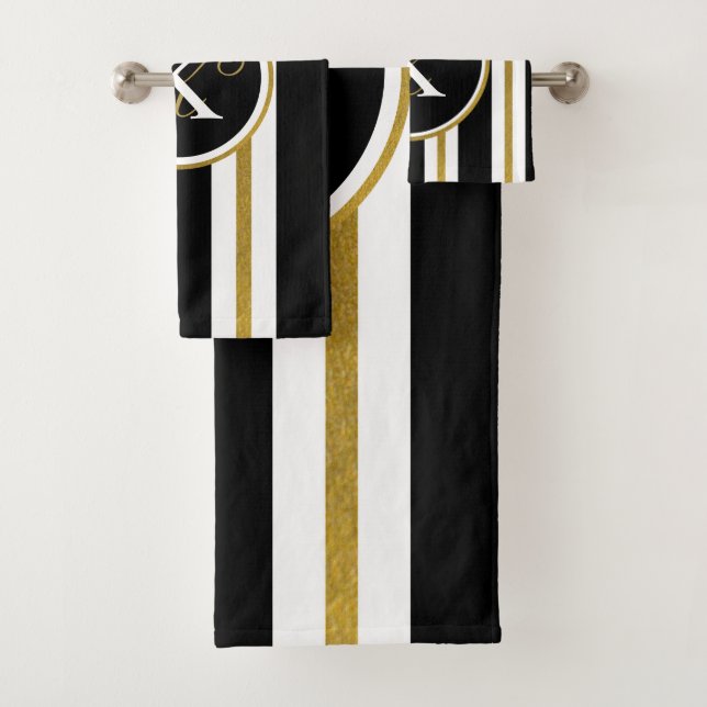 Personalized Elegant Black & Gold Stripes Monogram Bath Towel Set (Insitu)