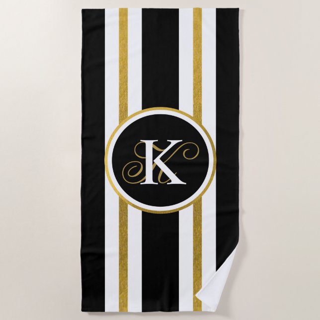 Personalized Elegant Black & Gold Stripes Monogram Beach Towel (Front)