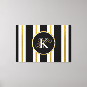 Personalized Elegant Black & Gold Stripes Monogram Canvas Print