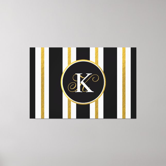 Personalized Elegant Black & Gold Stripes Monogram Canvas Print (Front)