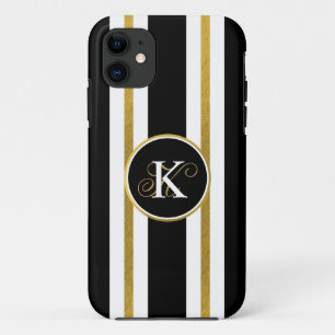 Personalized Elegant Black & Gold Stripes Monogram iPhone 11 Case