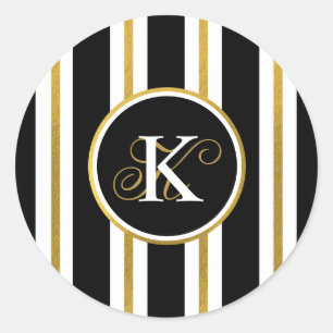 Personalized Elegant Black & Gold Stripes Monogram Classic Round Sticker