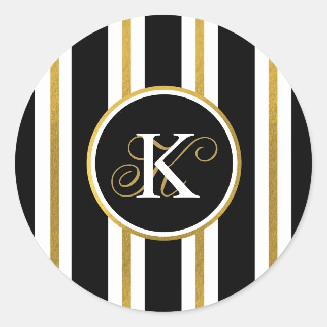 Personalized Elegant Black & Gold Stripes Monogram Classic Round Sticker (Front)