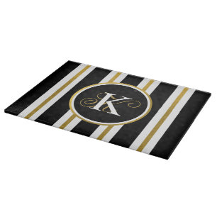 Personalized Elegant Black & Gold Stripes Monogram Cutting Board