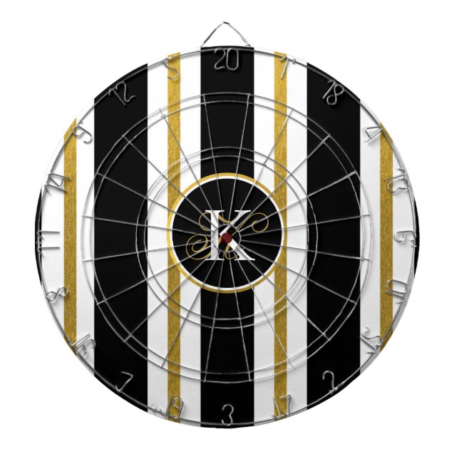 Personalized Elegant Black & Gold Stripes Monogram Dartboard (Front)