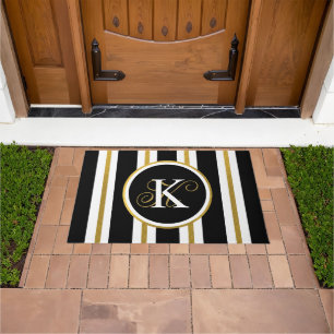 Personalized Elegant Black & Gold Stripes Monogram Doormat